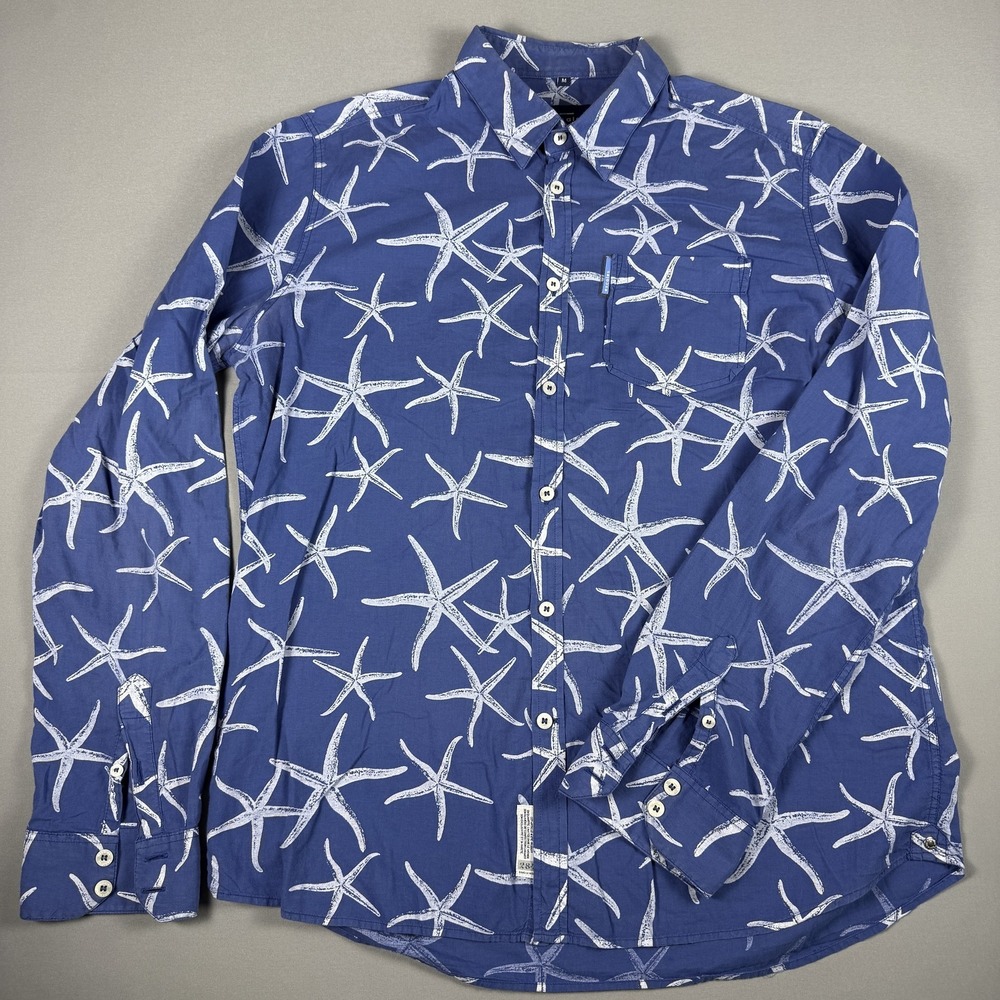 Escales Shirt Mens Medium Blue Starfish Print Long Sleeve Button Up Made EU